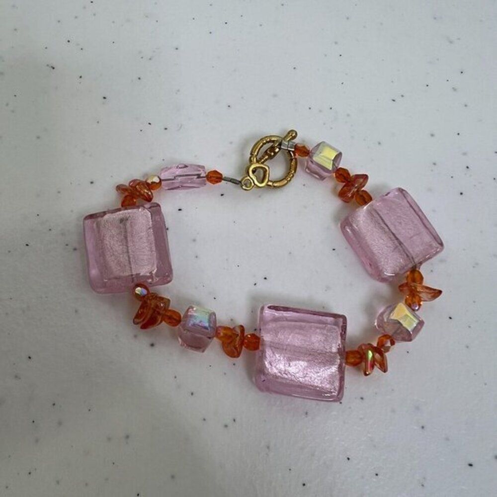Beaded Bracelet Pink Iridescent Orange Artisan Gold Tone Big‎ Chunky Glass Beads